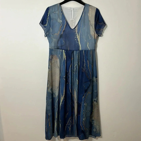 Maxi Long Dress Marble Chiffon Flowy Women Size Large V Neck Short Sleeve NWT - Picture 2 of 10